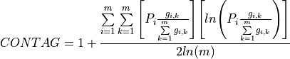 CONTAG = 1 + \frac{
  \sum \limits_{i=1}^{m} \sum \limits_{k=1}^{m} \Bigg[
    P_i \frac{g_{i,k}}{\sum \limits_{k=1}^{m} g_{i,k}}
  \Bigg] \Bigg[ ln \Bigg(
    P_i \frac{g_{i,k}}{\sum \limits_{k=1}^{m} g_{i,k}}
  \Bigg) \Bigg]}{2 ln(m)}